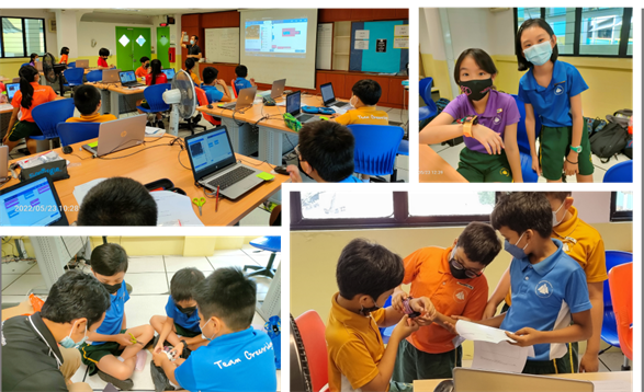Four photos of masked students in a classroom working on laptops and collaborating in small groups on hands-on activities.